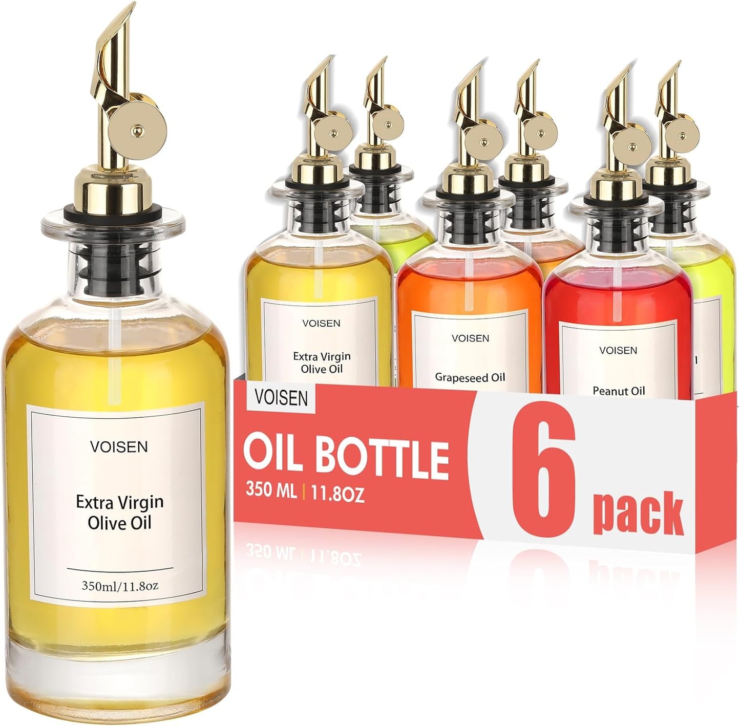 VOISEN Olive Oil Dispenser Bottle for Kitchen, Glass Oil Bottle Set of 6, Coffee Syrup Dispenser,Glass Oil Container with Metal Pourer,Funnel,56 Waterproof Labels