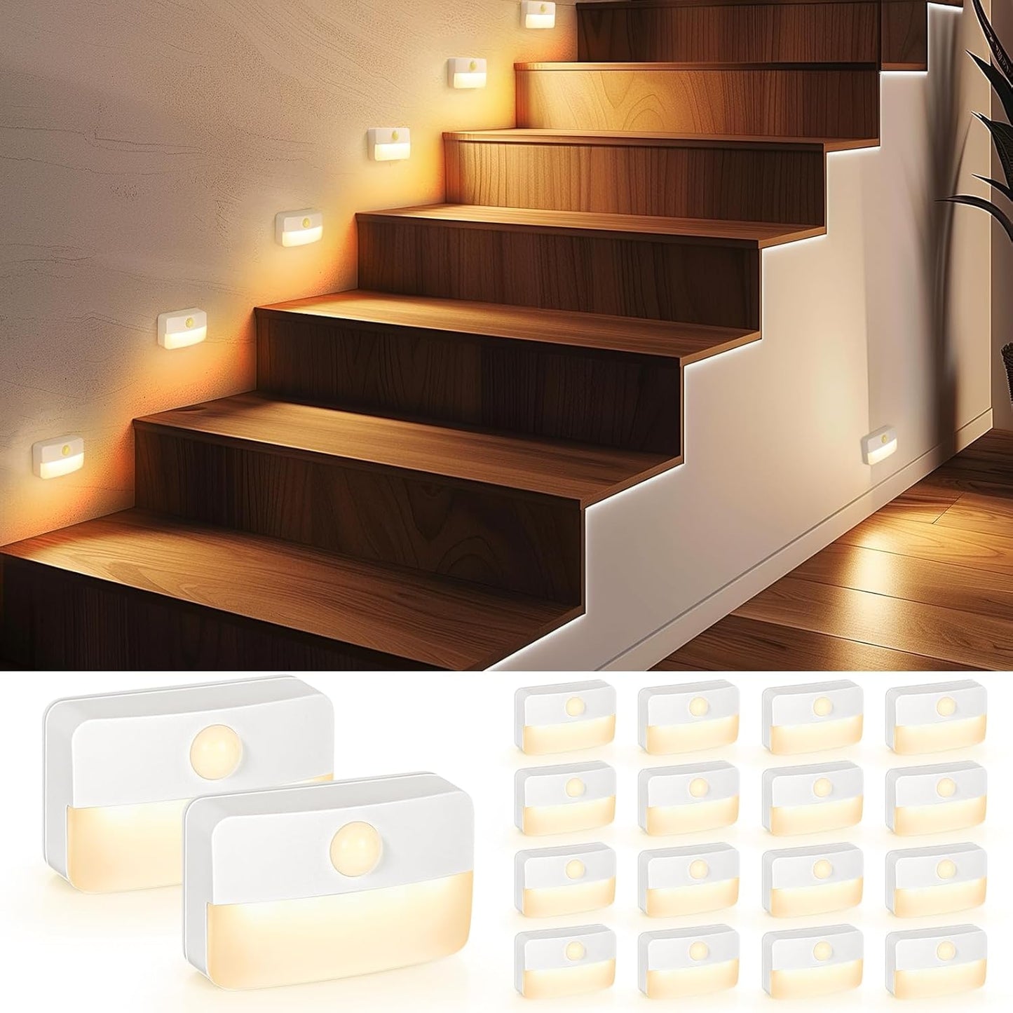 Guankai 16 Pack Motion Sensor Stair Light for Indoor, Battery Operated Closet Lights, Stick on Anywhere Hallway Lamp, Portable Led Night Lamps for Bedroom Under Cabinet Kitchen