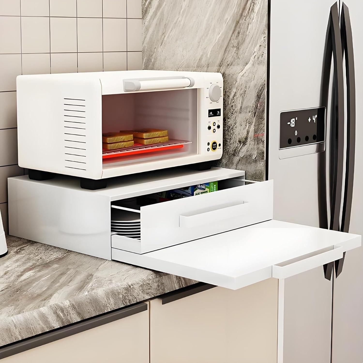 Kitchen Countertop Organizer Appliance Stand Push-Pul Storage Stand Rack for Microwave with Drawer Countertop Organizer Appliance Stand with Pull-Out Shelf Space Saver