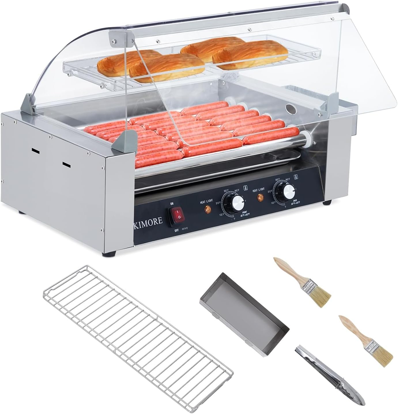 Hot Dog Roller, 18 Hot Dogs 7 Rollers Grill Cooker Machine with Removable Stainless Steel Drip Tray Stainless Steel with Cover, Dual Temp Control, Led Light, Perfect for Commercial and Party