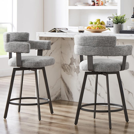 FERFALDER Counter Height Bar Stools with Full Back \u2013 Swivel Counter Stools Set of 2 with Linen Padded Back, Metal Footrest, Modern Barstools for Kitchen Counter, Island, Dining Room, Grey 24 inch