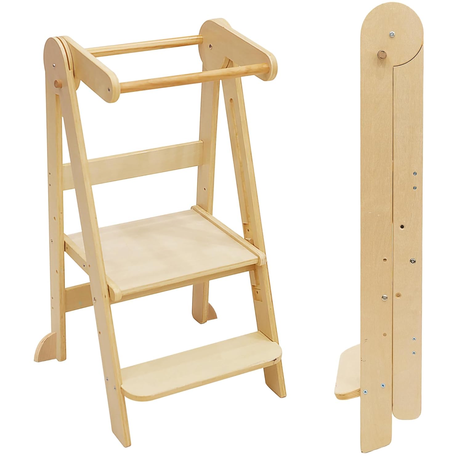 Foldable Toddler Tower, Kitchen Step Stool, Folding Tower for Learning with 3 Adjustable Heights Montessori Toddler Standing Tower Collapsible Step Stool for Kids 1.5-6 Years Natural