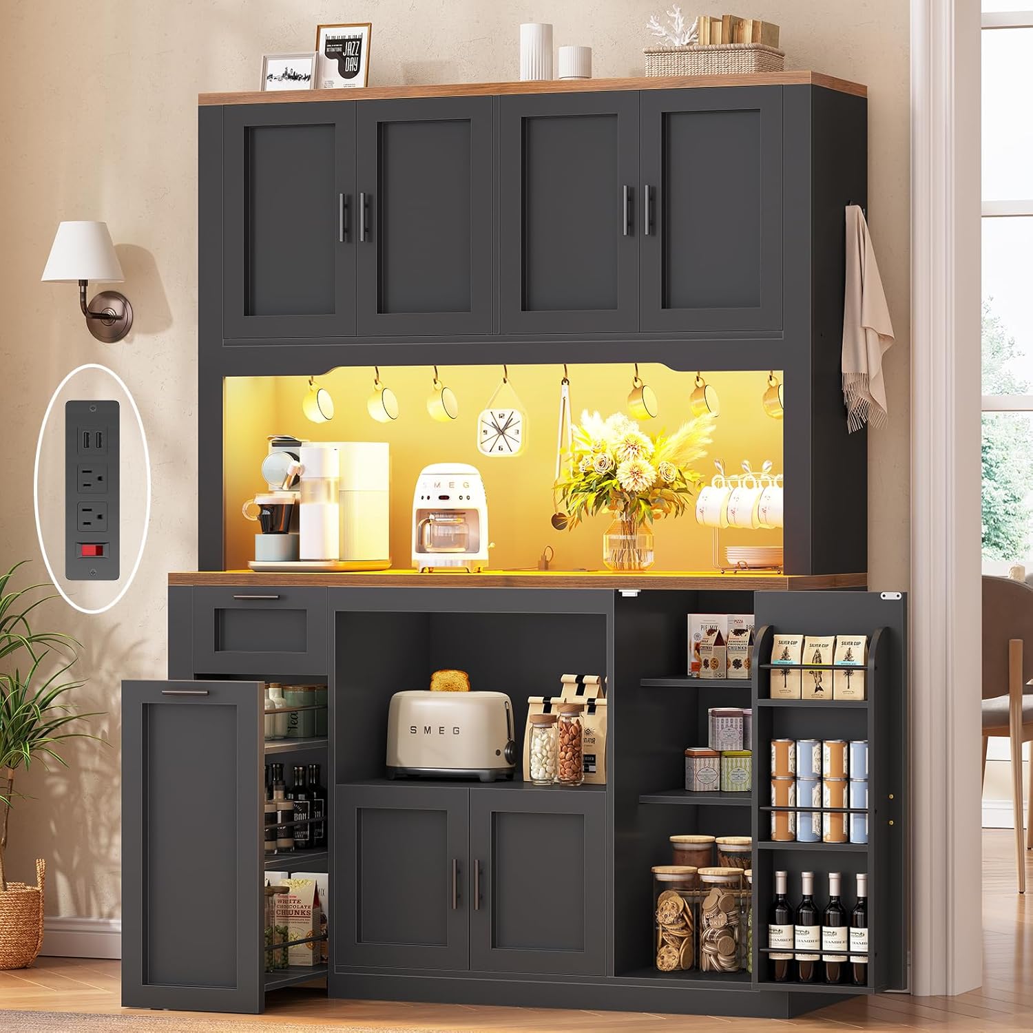 Itaar 71" Pantry Cabinet with Charging Station and LED Light, Kitchen Pantry Cabinet with Microwave Stand, 47.2" Wide Kitchen Storage Cabinets with Storage Cart 3 Tier for Dining Room, Black