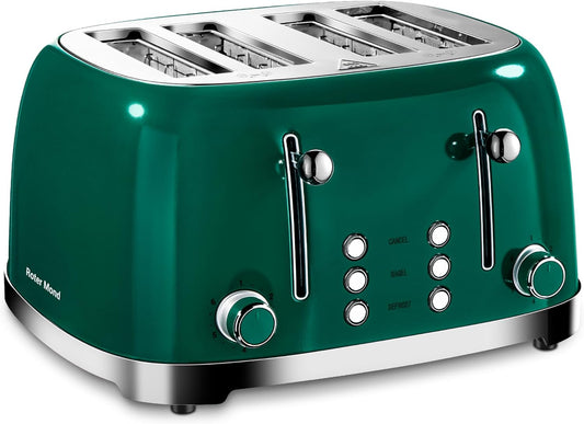 Roter Mond 4 Slice Toaster Retro Stainless Steel with Bagel Defrost Cancel Function, 6 Browning Settings, Extre Wide Slot and Removable Crumb Tray, Green, ST033