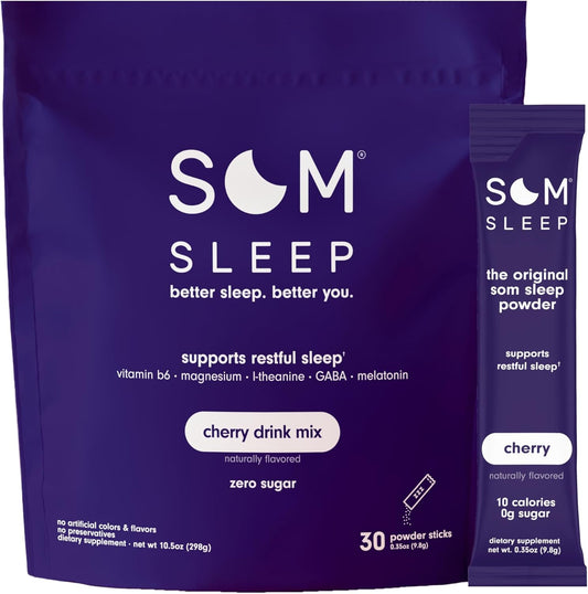 Som Sleep, Calm Sleep Aid Powder Drink Mix, 3mg Melatonin, Magnesium, Vitamin B6, L-Theanine & GABA \u2013 Vegan, Zero Sugar, Keto Friendly \u2013 Cherry, 30-Pack