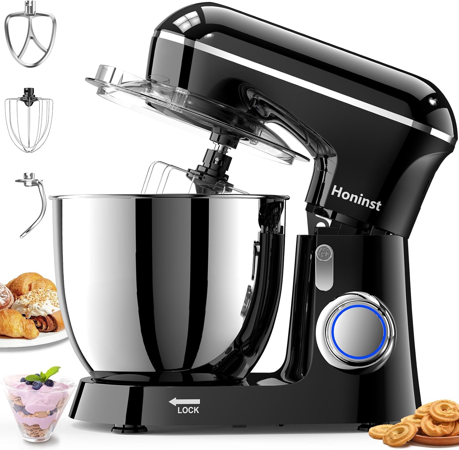 Honinst Stand Mixer, 6.5QT 10-Speed Tilt-Head Electric Stand Mixer, 3-In-1 Kitchen Mixer with Bowl, Dough Hook, Whisk and Beater, Food Mixer for Baking, Cake and Most Home Cooks, Black