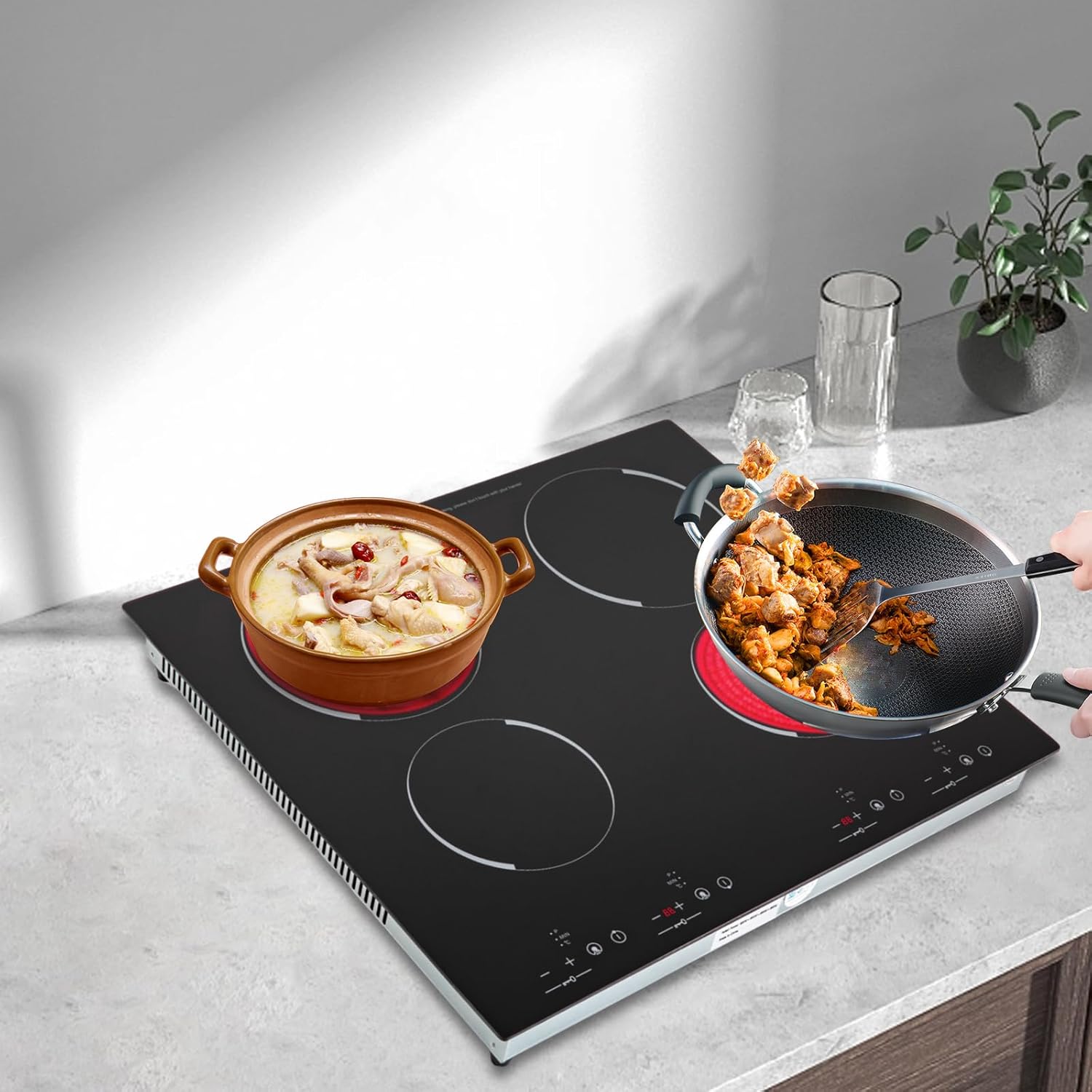 3000W 4 Burners Electric Ceramic Induction Cooktop Built-in Cooktop Electric Stove Top with 4 Electric Burners, 9 Heating Level, Safety Lock, Sensor Touch Control (900W+600W+900W+600W)