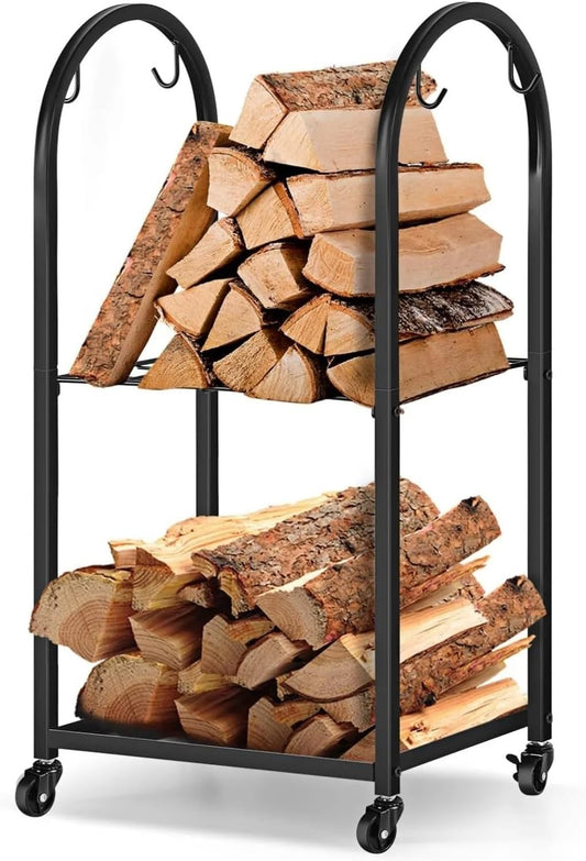 Fnacuody Firewood storage rack Mobile Firewood Rack Wheels 4 Hooks - Indoor\/Outdoor Log Holder for Fireplace, Patio, Stove, Black 52x32x85cm