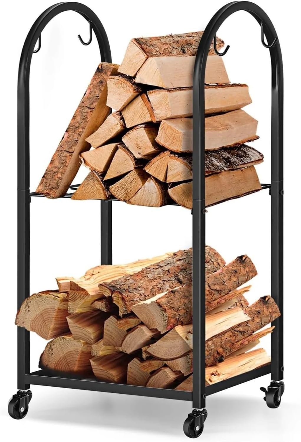Fnacuody Firewood storage rack Heavy Duty Mobile Firewood Rack Wheels, Indoor\/Outdoor Log Storage Organizer for Fireplace\/Patio\/Stove - Black