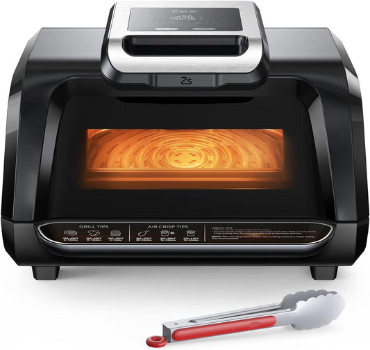 Indoor Air Fryer Grill Combo, 7-in-1 Smokeless Electric Grill with Easy View Window, 1750W Air Fryer Oven with 4QT Capacity, Non-Stick Plates & Silicone Tongs