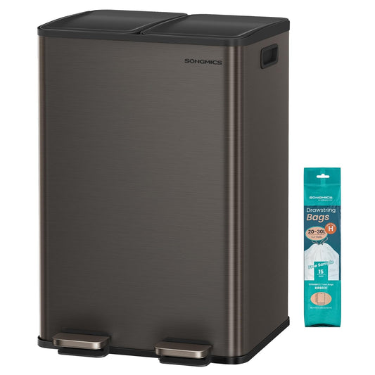 SONGMICS Trash Can, 2 x 8 Gallon (2 x 30 L) Dual-Compartment Garbage Can with Soft-Close Lid, Pedal and Inner Buckets, Stainless Steel, Includes 15 Liner Bags, Slate Gray ULTB741G01