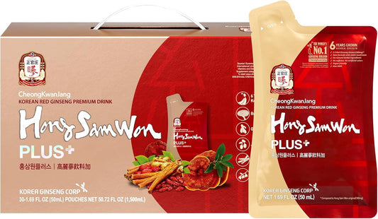 JUNG KWAN JANG US HongSamWon Plus - Korean Red Ginseng Tea, Pre and Post Workout Herbal Energy Drink with Jujube & Reishi Mushroom - Caffeine Free, Gluten Free, Non-GMO (30 Pouches, 1.69 fl oz)
