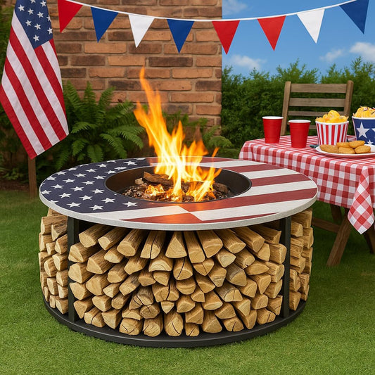 38 Inch Commemorative Outdoor American Flag Fire Pit with Log Storage - Rust Resistant Steel Woodburning Firepits for Outside - Patio Fire Pit with Removable Fire Grill and Fire Pan