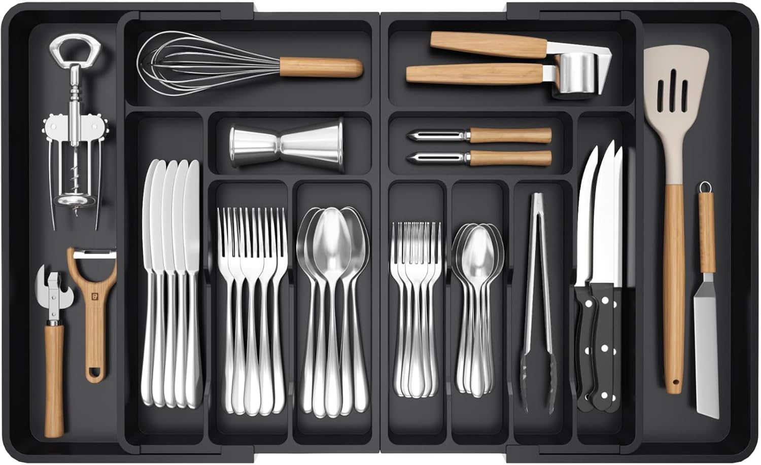 Lifewit Large Silverware Drawer Organizer, Expandable From 21 to 36 Inches, BPA Free Plastic Utensil Tray for Kitchen, Adjustable Flatware and Cutlery Holder for Spoons Forks Knives, Black