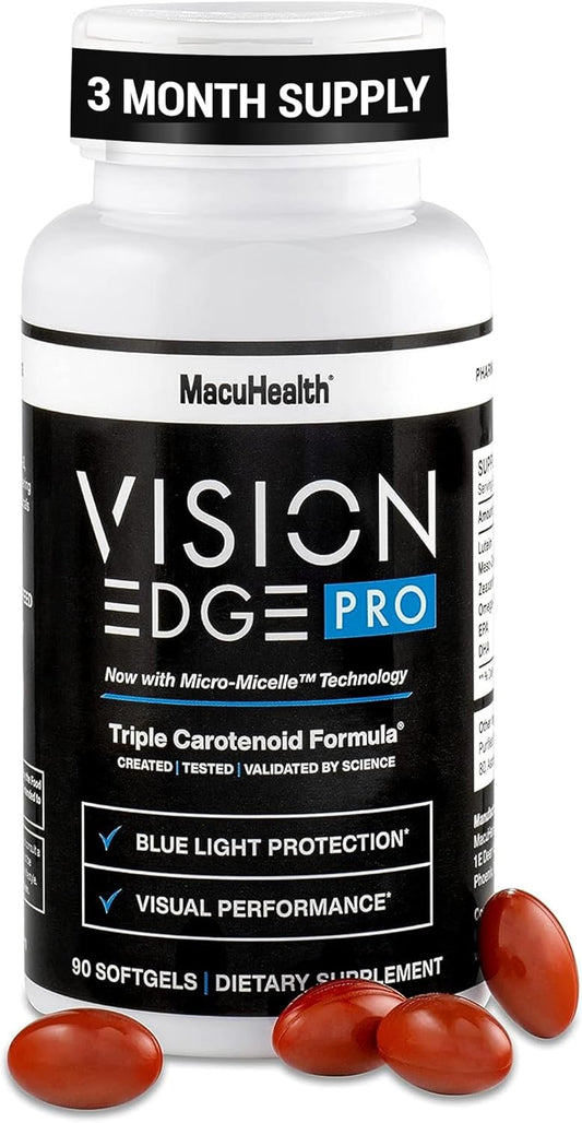 VISION EDGE PRO Eye Supplement for Athletes; Formula with Lutein, Zeaxanthin, and Meso-Zeaxanthin, Eye Supplements Omega 3, Essential Carotenoids for Eyes - (90 Softgels, 3 Month Supply)