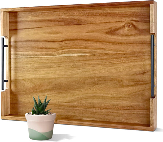 OurMiao 22 Inches Acacia Wood Serving Tray with Metal Handles, Large Wooden Rectangle Ottoman Tray, Decorative and Durable Design for Living Room Coffee Table Couch Kitchen