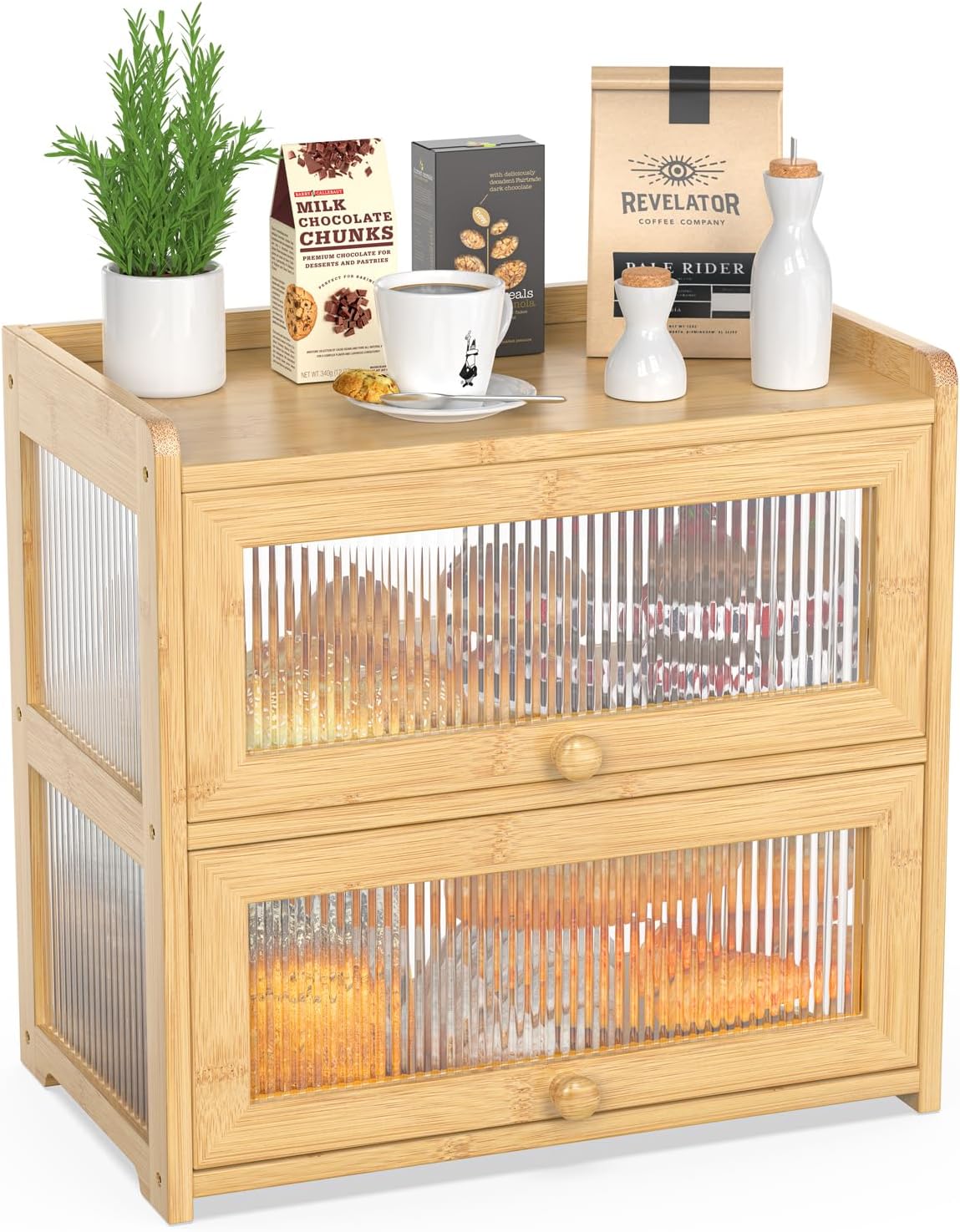 BAMBANG Extra Large Bamboo Bread Box for Kitchen Counter, Double Layer Bread Storage Container Farmhouse Bread Box with 4 Sides Transparency, Breadbox Bin Holder for Homemade Bread, Natural
