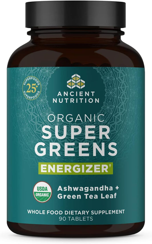 Ancient Nutrition Supergreens Energizer Tablets, Organic Superfood Tablets with Caffeine, Made from Real Fruits, Vegetables and Herbs, for Digestive and Energy Support, 90 Count