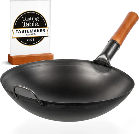 YOSUKATA 14" Carbon Steel Wok with Round Bottom – Pre-Seasoned Pow Wok for Stir Fry – Traditional Chinese Japanese Black Steel Pan – Outdoor Cookware for Gas Stovetops, Open Fire, Grill, BBQ, Camping