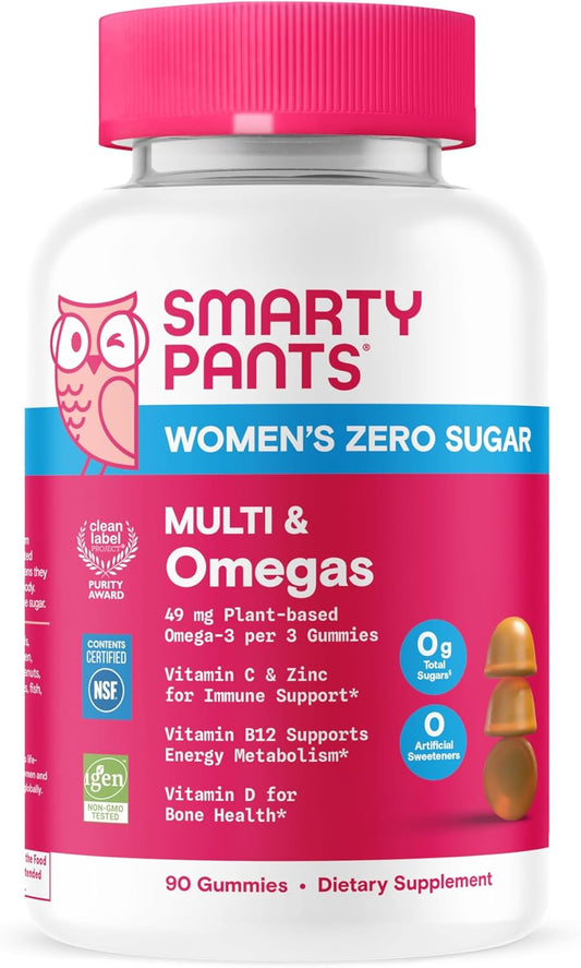 SmartyPants Zero Sugar Women\u2019s Multivitamin Gummies: Biotin, Methylfolate, Omega 3 (ALA), Vitamin D3, C, Vitamin B12, B6, A, K, Zinc, Inositol, Gluten Free, No Sugar Alcohols, 90 Count (30 Day Supply)