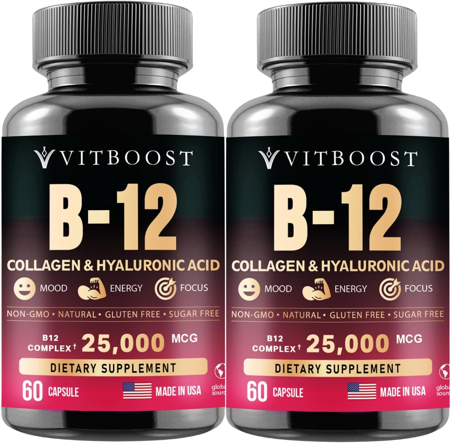 VITBOOST B12 Methylcobalamin with Hyaluronic Acid, Collagen, and Folate \u2013 25000 mcg Supplement Enhance Absorption & Boost Energy | Gluten-Free, Made in USA, B1, B2, B3, B6, B7 Complex - Pack of 2