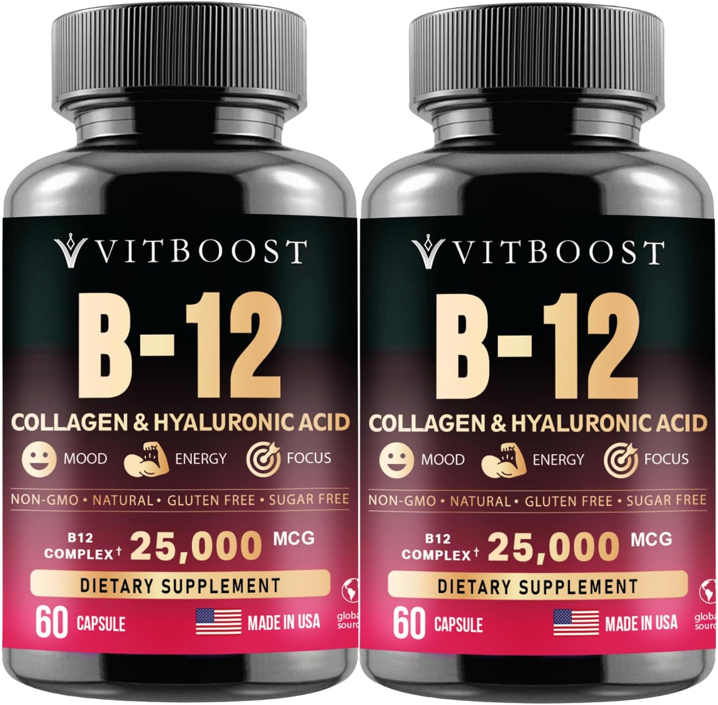 VITBOOST B12 Methylcobalamin with Hyaluronic Acid, Collagen, and Folate \u2013 25000 mcg Supplement Enhance Absorption & Boost Energy | Gluten-Free, Made in USA, B1, B2, B3, B6, B7 Complex - Pack of 2