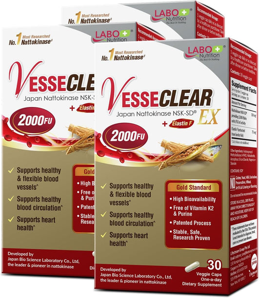 LABO Nutrition VesseCLEAR EX: Nattokinase NSK-SD+Elastin F for Clean & Flexible Blood Vessel. Japan's Most Clinically Studied, Functional Dose, Acid-Resistant\/Delayed Release Capsules, 90 Count