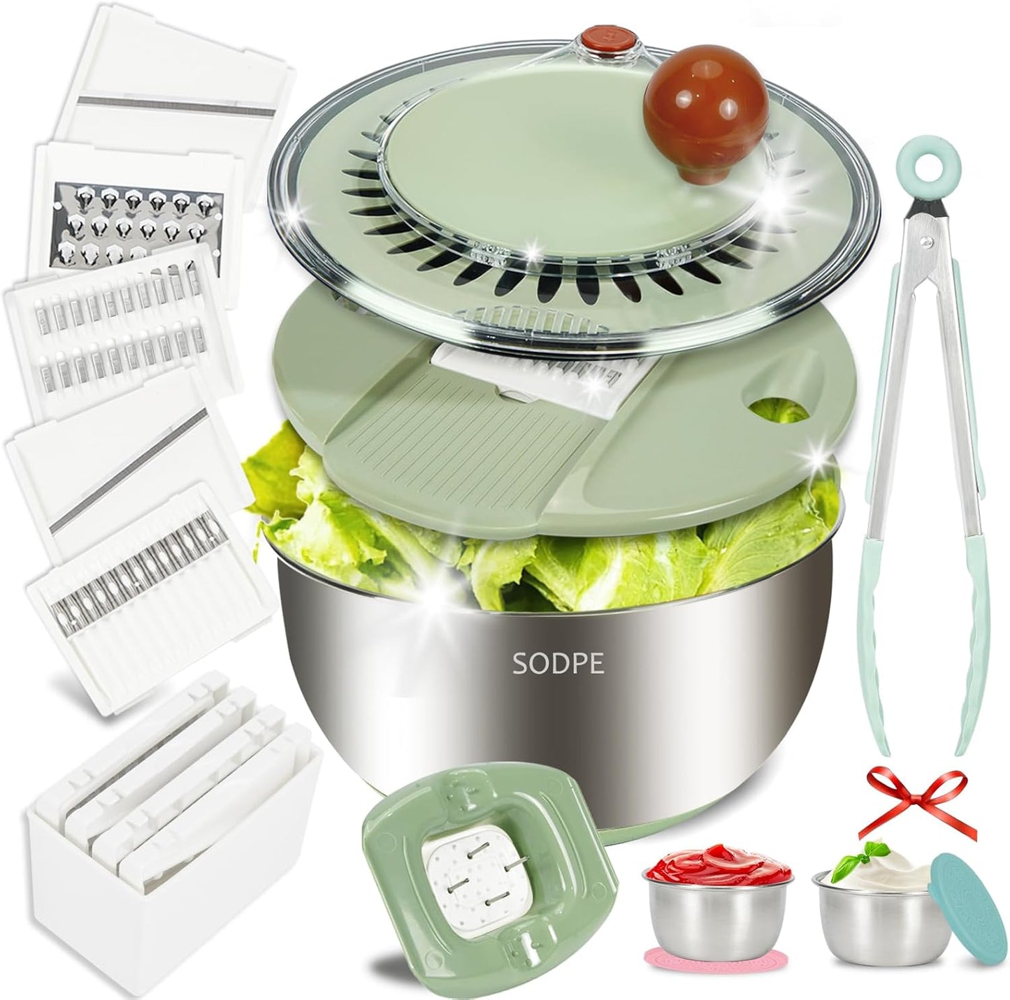 Stainless Steel Salad Spinner Large with 5 Blades Slicer, Lettuce Washer Spinner and Dryer, Vegetable Fruits Chopper Bowl, Egg Yolk Strainer Comes with Dipping Saucers and Clip, 5.3Qt