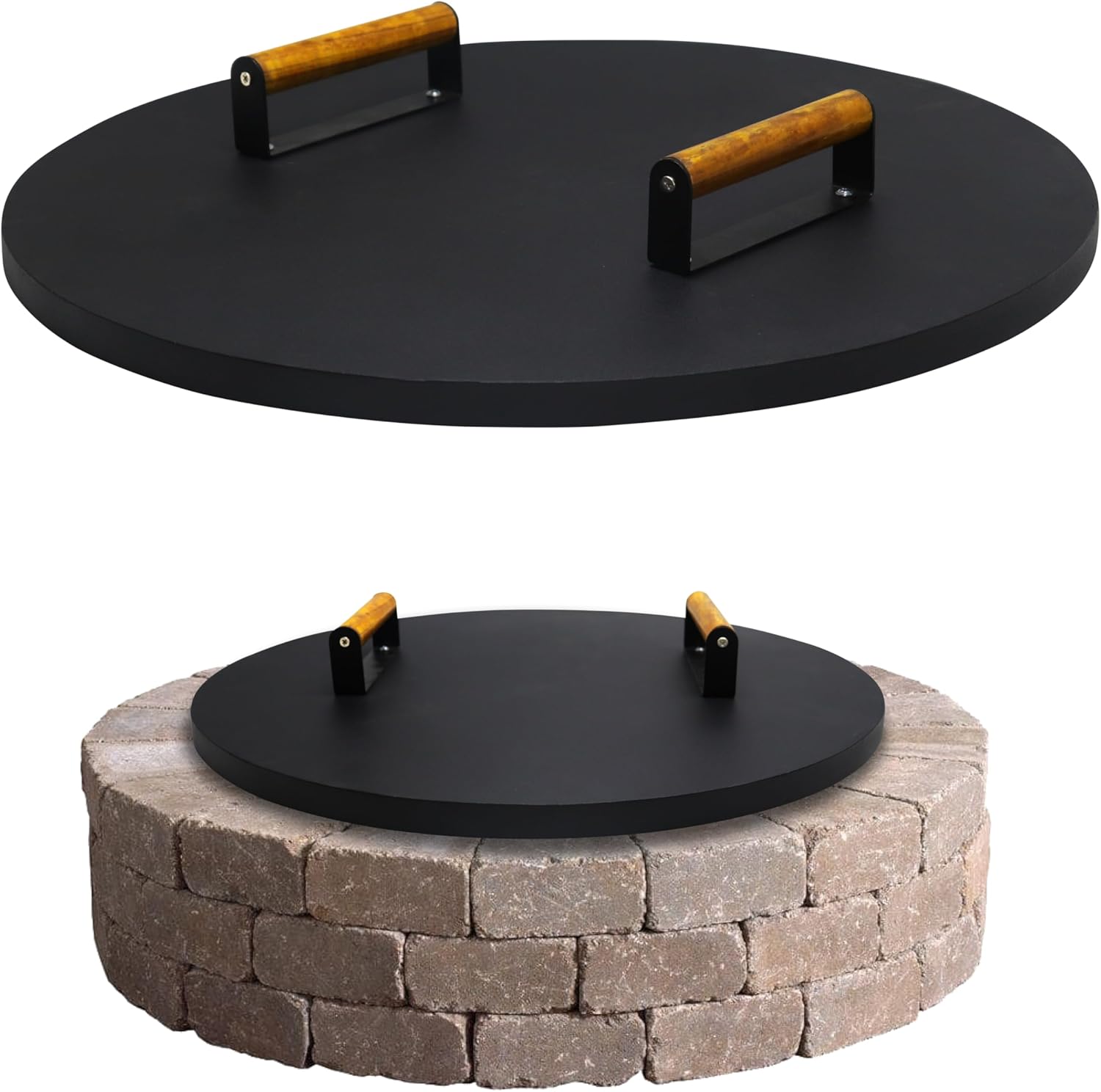 22” Round Fire Pit Lid – Heat Resistant fire pit cover round metal for Outdoor Fireplace 16 Gauge Steel Flat Fire Pit Burner Pan Cover with 2 Wooden Handles Snuffer Lid for Round Patio Fire Pit Ring