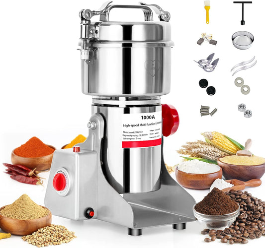 1000g Electric Grain Mill Grinder Spice Commercial 3500W 110V Superfine Powder Grinding Pulverizer Stainless Steel Machine for Dry Corn Coffee Wheat Herb Pepper Food Seeds Flour Bean (Swing Type)