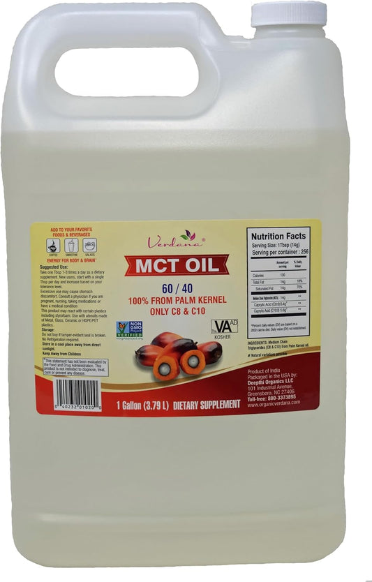 Verdana Food Grade MCT Oil – 1 Gallon (128 Fl Oz) - Kosher, Non-GMO – Dietary Supplement - Great for Keto, Paleo Diets – Also for Sports Nutrition, Aromatherapy, Massage Oil