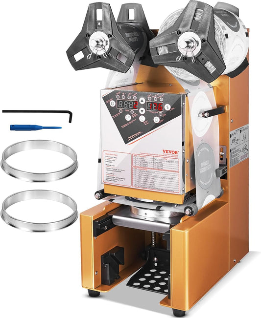 VEVOR Bubble Tea Machine, Fully Automatic Cup Sealing Machine, Electric Boba Machine 500-650 Cups\/H for 190 mm Tall & 90\/95 mm Cup with Digital Control LCD Panel for Bubble Milk Tea Coffee Gold