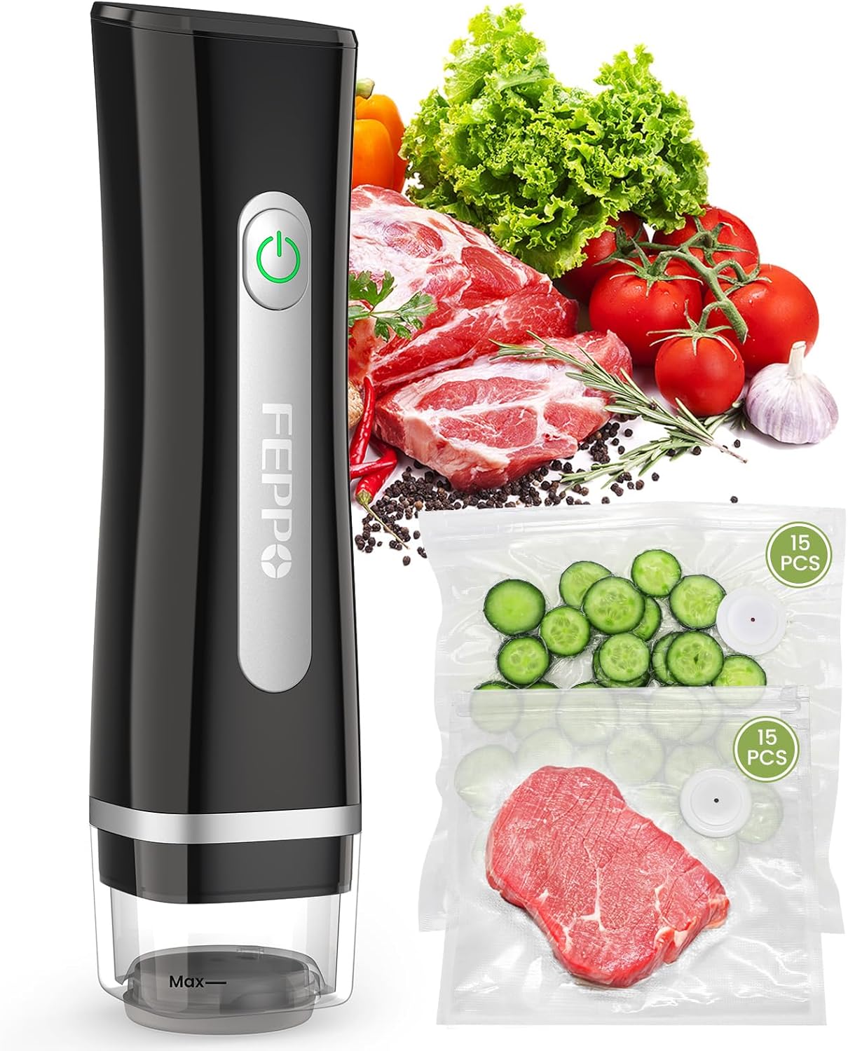 FEPPO Vacuum Sealer for Food with Visible Water Tank, Handheld Saver Compact Vacuum Sealer Machine with 30 Reusable Bags for 6X Preservation & Fresh, Black