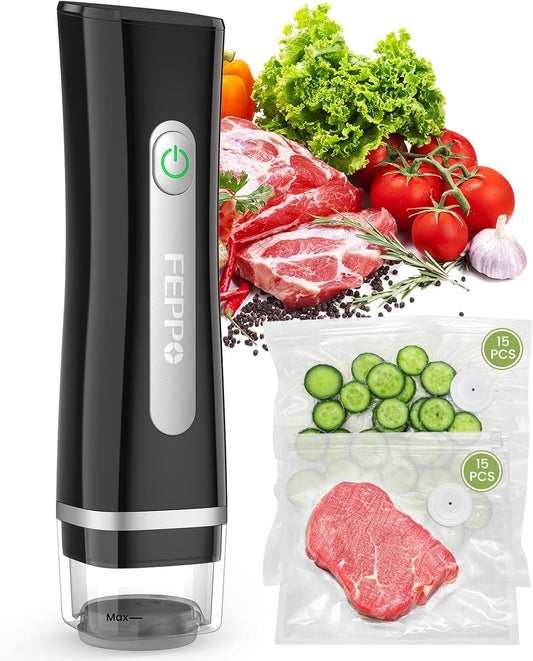 FEPPO Vacuum Sealer for Food with Visible Water Tank, Handheld Saver Compact Vacuum Sealer Machine with 30 Reusable Bags for 6X Preservation & Fresh, Black