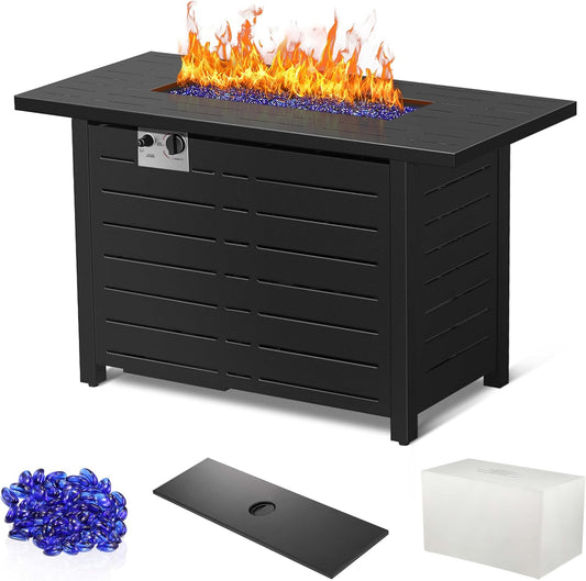 R.W.Flame 43-Inch Propane Fire Pit Table, 50,000 BTU Outdoor Gas Firepit with Waterproof Cover, Glass Stones, Removable Lid, Cup Holders, 2-in-1 Fire Table for Patio, Backyard, Garden, Black
