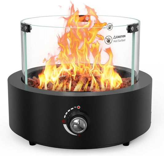ONLYFIRE OUTDOOR LIVING Tabletop Propane Gas Fire Pit Side-Mounted, Portable Smokeless Gas Firepit with Glass Wind Guard & Lava Rocks for Patio Backyard Camping Bonfire RV Tailgating, Round FP038