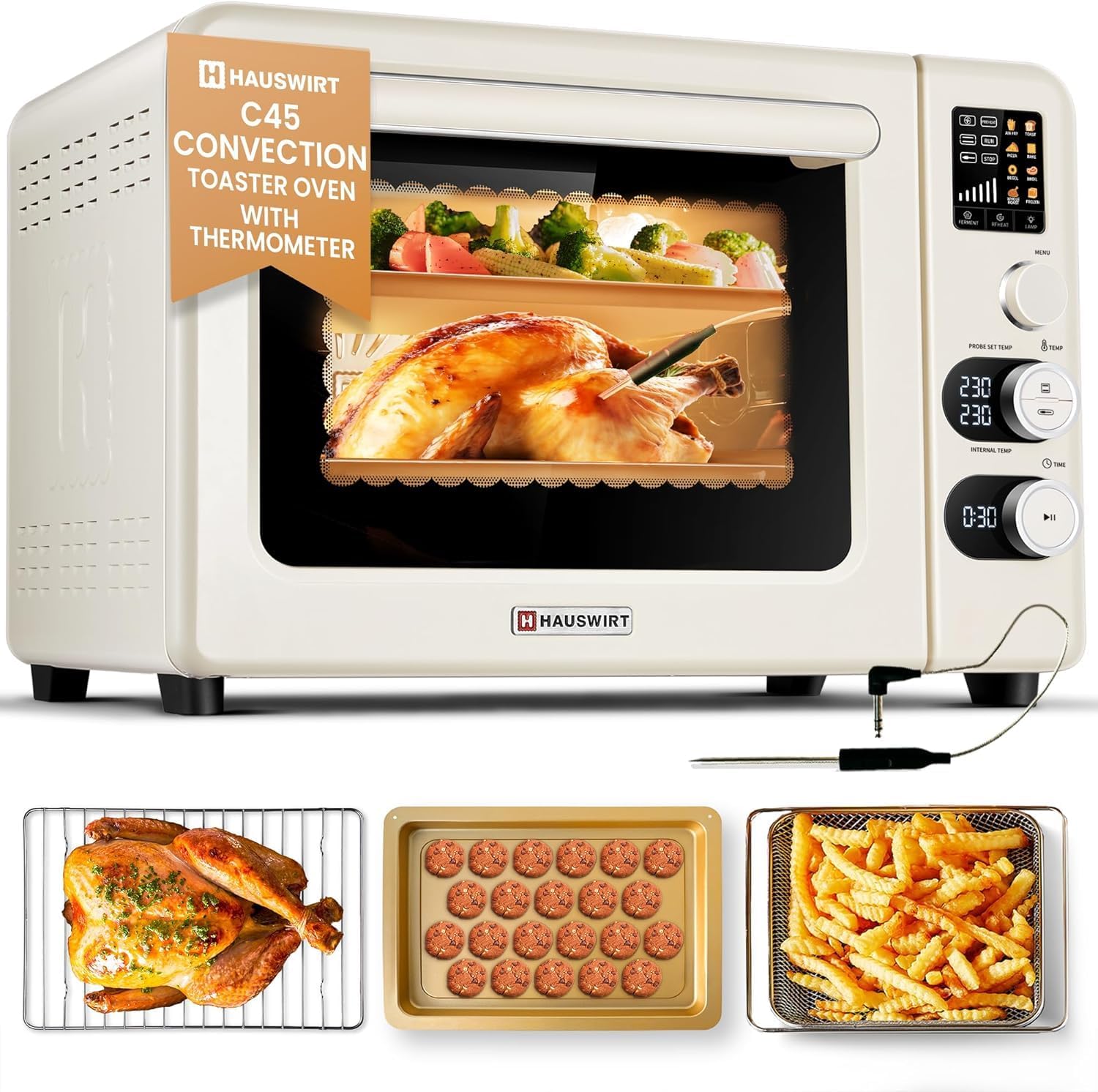 Hauswirt Toaster Oven Air Fryer, XL Large Convection Oven Countertop Rotisserie Chicken 42Qt 3-Tier for 5-8 People, 8 Mode Smart Toaster Stainless Steel 80°F - 500°F Quick & Even Crisp - Ivory