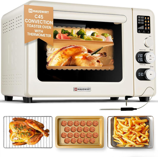 Hauswirt Toaster Oven Air Fryer, XL Large Convection Oven Countertop Rotisserie Chicken 42Qt 3-Tier for 5-8 People, 8 Mode Smart Toaster Stainless Steel 80°F - 500°F Quick & Even Crisp - Ivory