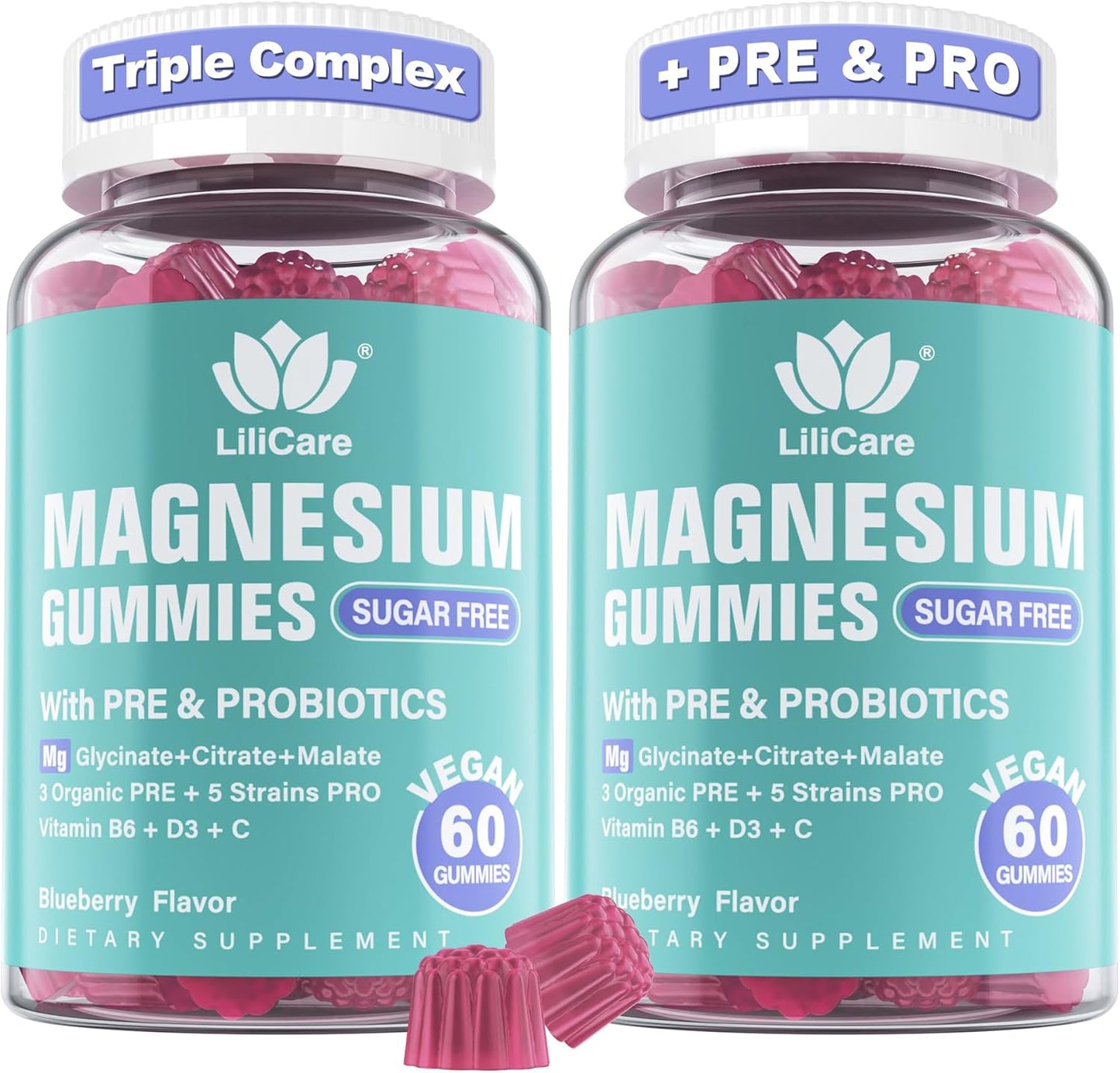 Magnesium Gummies 400mg for Women Men Sugar Free | Calm Magnesium Glycinate Citrate Malate Complex with Prebiotics & Probiotics 5 Billion CFU, Vitamin B6 D3 C | Triple Magnesium Supplement, 120Cts