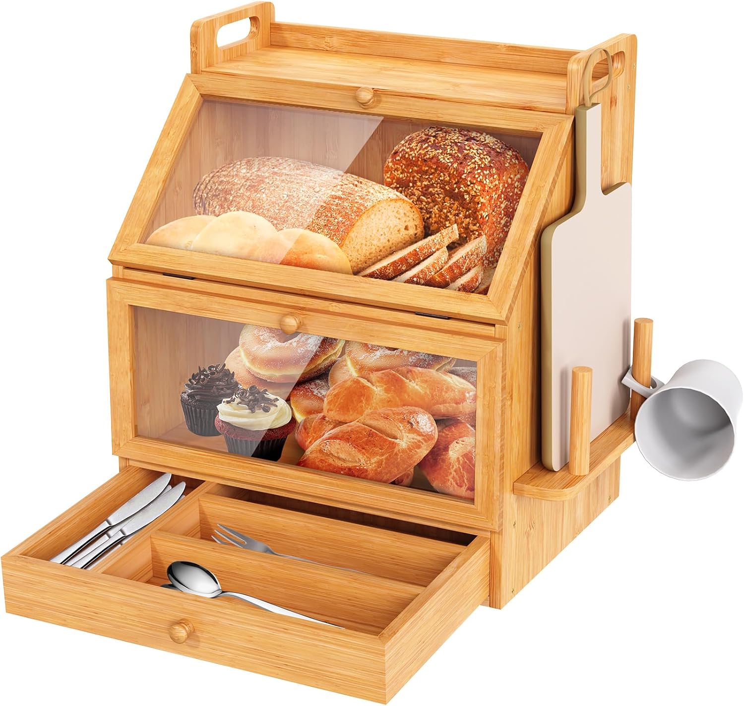 Bread Box for Kitchen Countertop, 3 Tier Bread Box with Window, Large Bamboo Bread Storage Container with Chopping Board and Knife & Fork Storage Organizer, 2 Layer Corner Breadbox Holder Cabinet