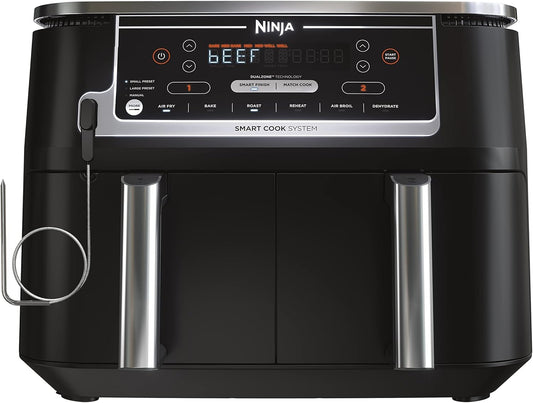 Ninja DZ550 Foodi 10 Quart 6-in-1 DualZone Smart XL Air Fryer with 2 Independent Baskets, Smart Cook Thermometer for Perfect Doneness, Match Cook & Smart Finish to Roast, Dehydrate & More, Grey (Renewed)