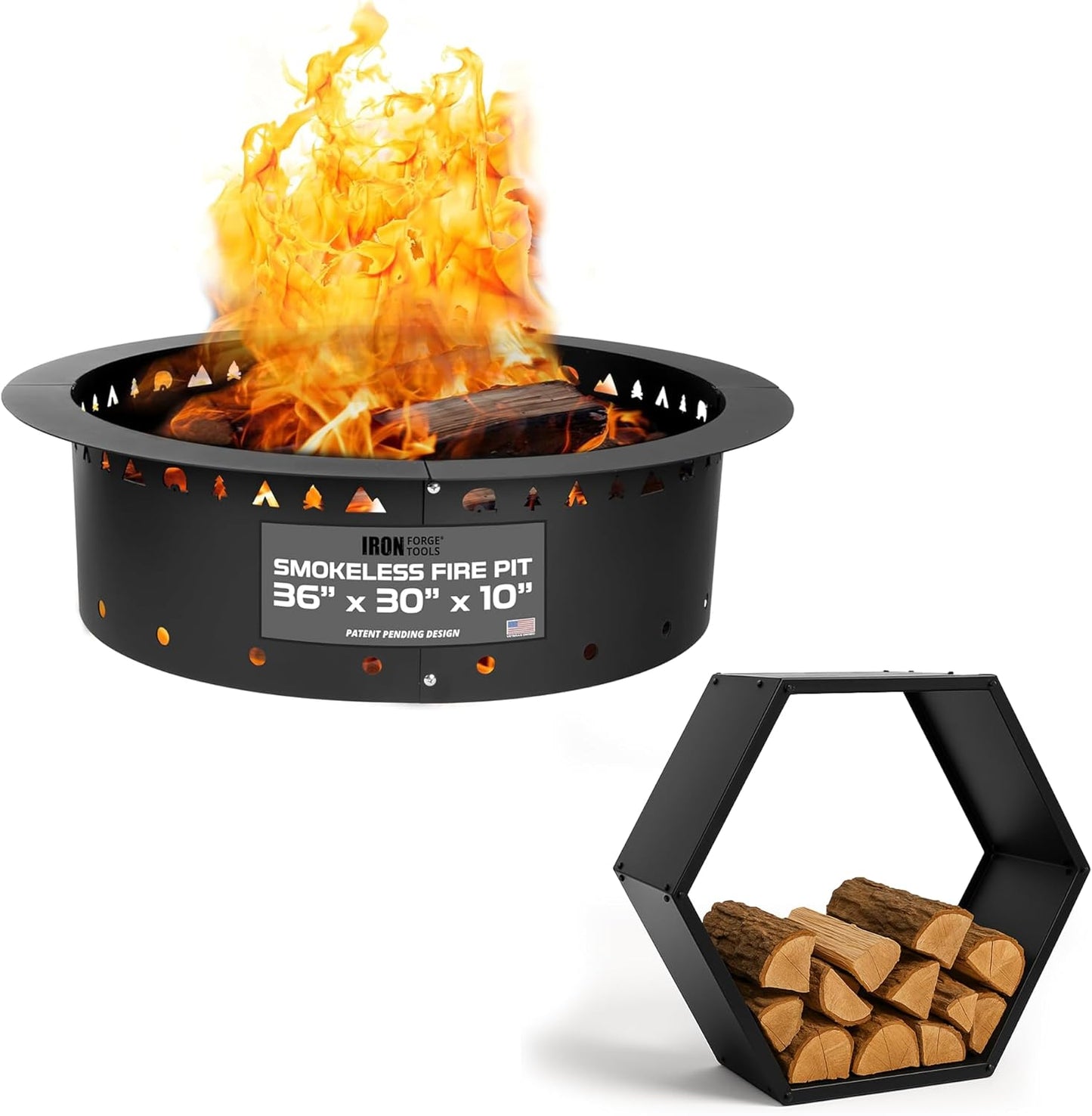 Iron Forge Tools 36" Outdoor Heavy Duty Fire Pit Ring & 30" Hexagon Firewood Rack with Cover - Smokeless Metal Fire Ring Insert & Wood Storage Solution