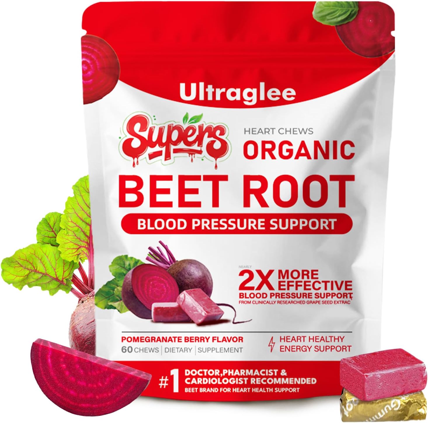 Beet Chews,Super-Beetsroot Heart, Nitric Oxide Support Soft Beets Heart Chews,Grape Seed Extract &Beet Root Powder Energy Supplement,60 (Pomegranate Berry Flavor)