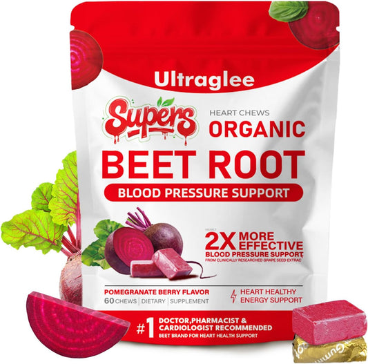 Beet Chews,Super-Beetsroot Heart, Nitric Oxide Support Soft Beets Heart Chews,Grape Seed Extract &Beet Root Powder Energy Supplement,60 (Pomegranate Berry Flavor)