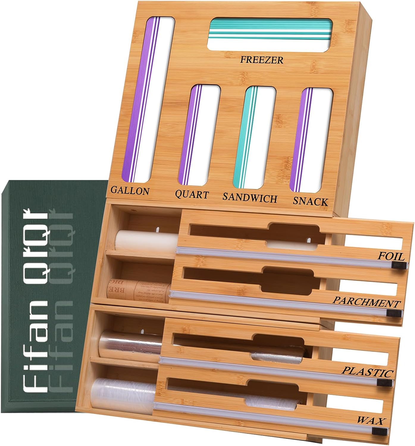 FifanQiQi 9 In 1 Storage Bag Organizer And Plastic Wrap Dispenser With Cutter, Bamboo Foil and Plastic Wrap Organizer(Natural)