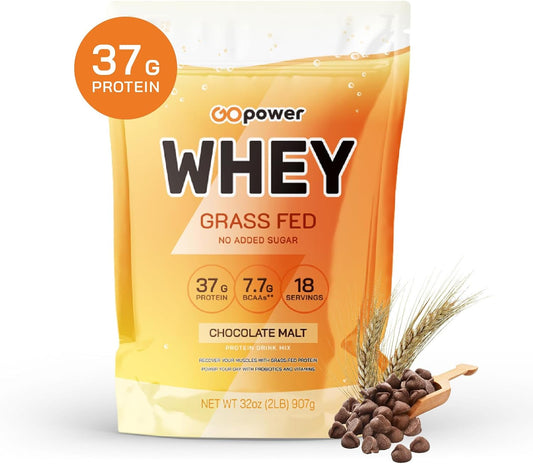 GOPOWER Whey Protein Powder, with BCAAs, Grass Fed Protein Powder, 2 Pound, 18 Servings