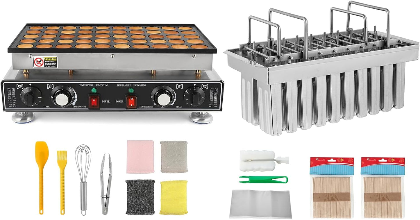 Dyna-Living Commercial Popsicle Molds 20PCS Flat Heads with Double-slot Stainless Steel Popsicle Molds & 50PCS Dutch Pancake Maker