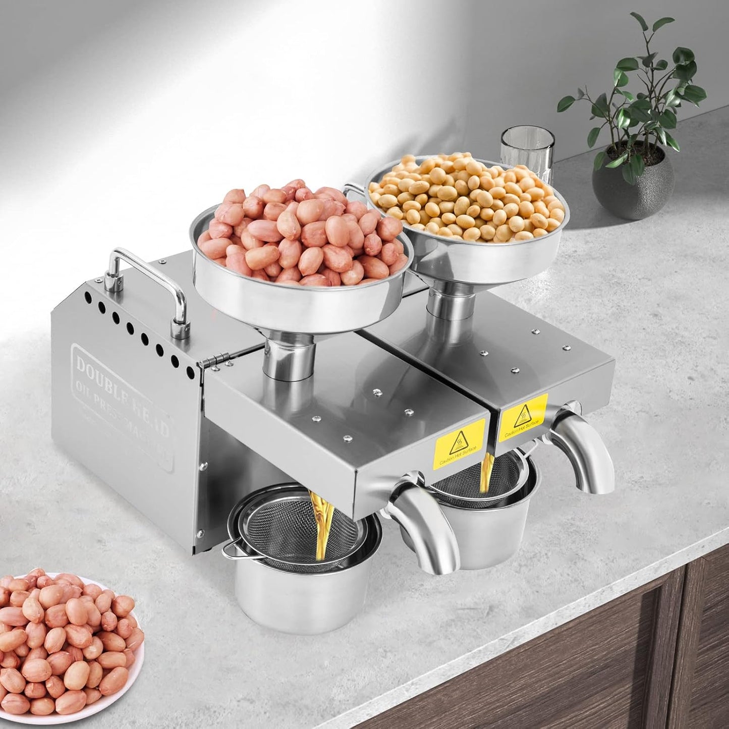 Oil Press Machine with Double Outlets, 110V 600W Stainless Steel Automatic Cold & Hot Press Oil Extraction Machine for Peanut Sesame Coconut Soybean Sunflower Seeds