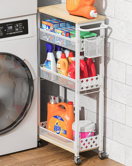 Slim Storage Cart 4 Tier Laundry Cart with Wheels, Narrow Metal Kitchen Rolling Carts Bathroom Organizers Storage Shelf with Wood Rack and Handle for Small Space