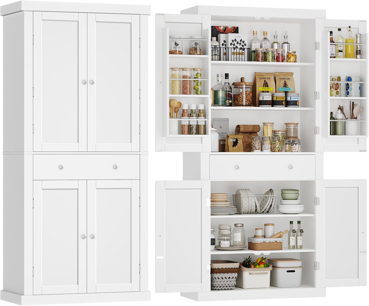 usikey 72\u201D Pantry Cabinet, Tall Kitchen Storage Cabinet with 4 Doors and 1 Drawer, Cupboard with 6 Hanging Shelves and Adjustable Shelves for Kitchen, Dining Room, Living Room, White